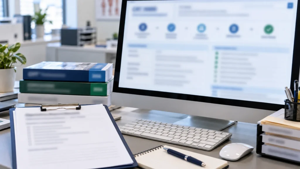 Medical coding workstation with a computer monitor, coding reference books, clipboard, keyboard, and office supplies in a clinical office setting.